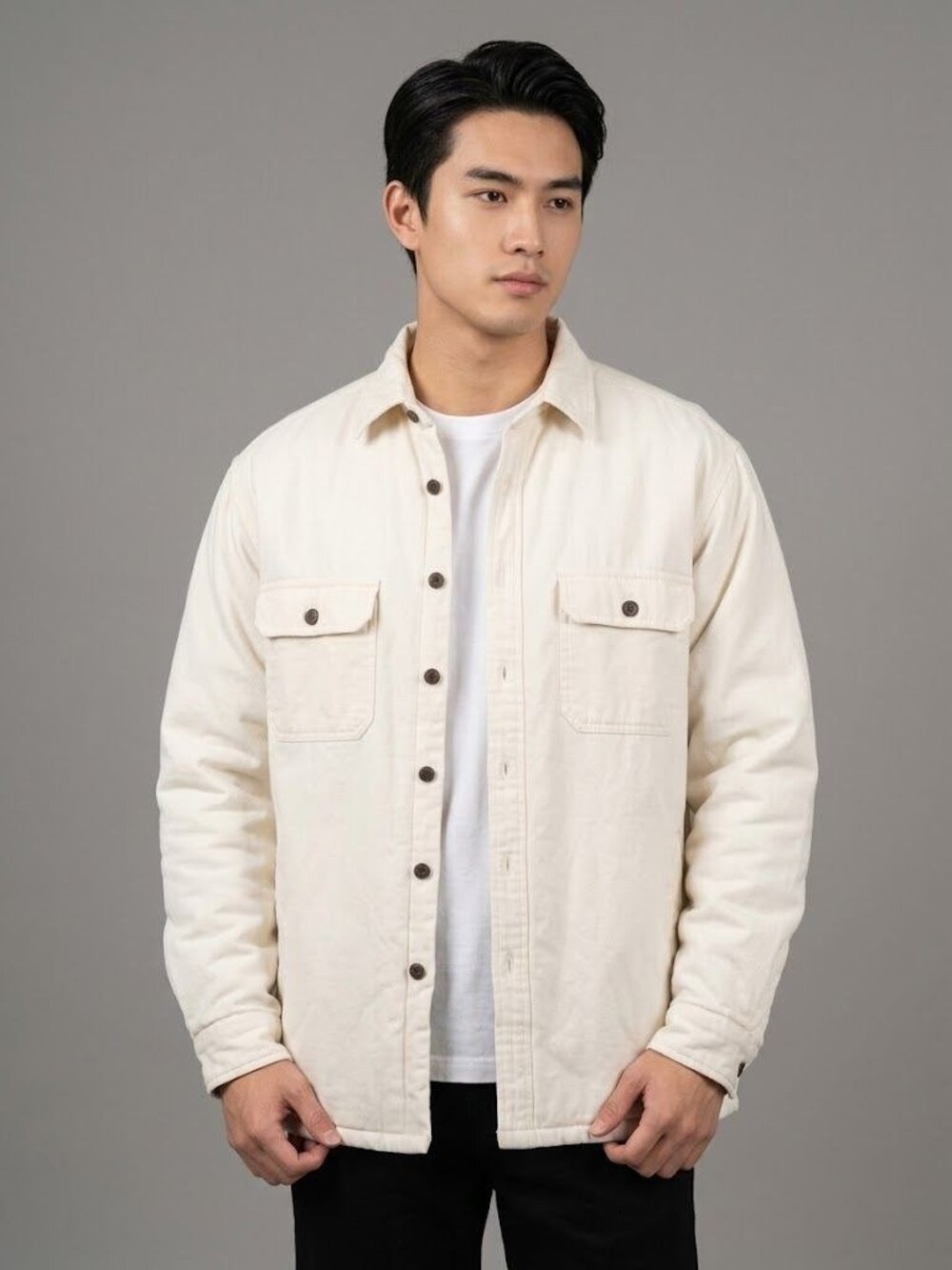 Arrow Mens Beige Cotton Shirt Jacket LT Fleece Lining Button Front 100% Cotton